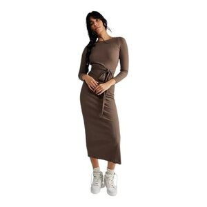 Free People Beach Brown Last Minute Ribbed Midi Dress Womens M